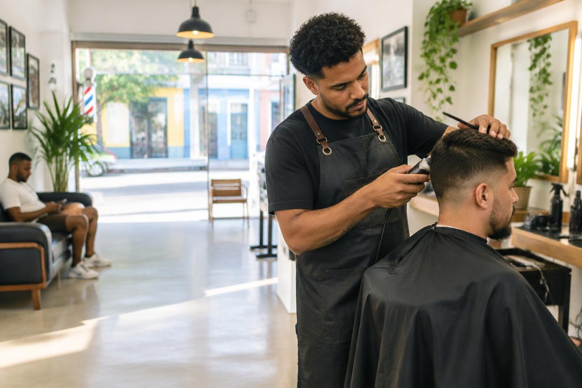 Barbearia atendendo clientes em um negócio local brasileiro