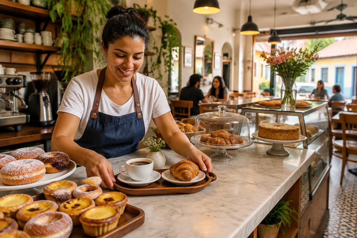 Confeitaria / Café atendendo clientes em um negócio local brasileiro